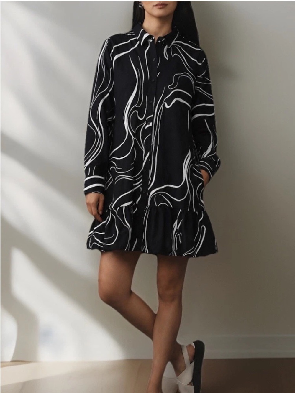 Nine West Button-Down Long-Sleeve Shirt Dress Drop Waist Black NWT